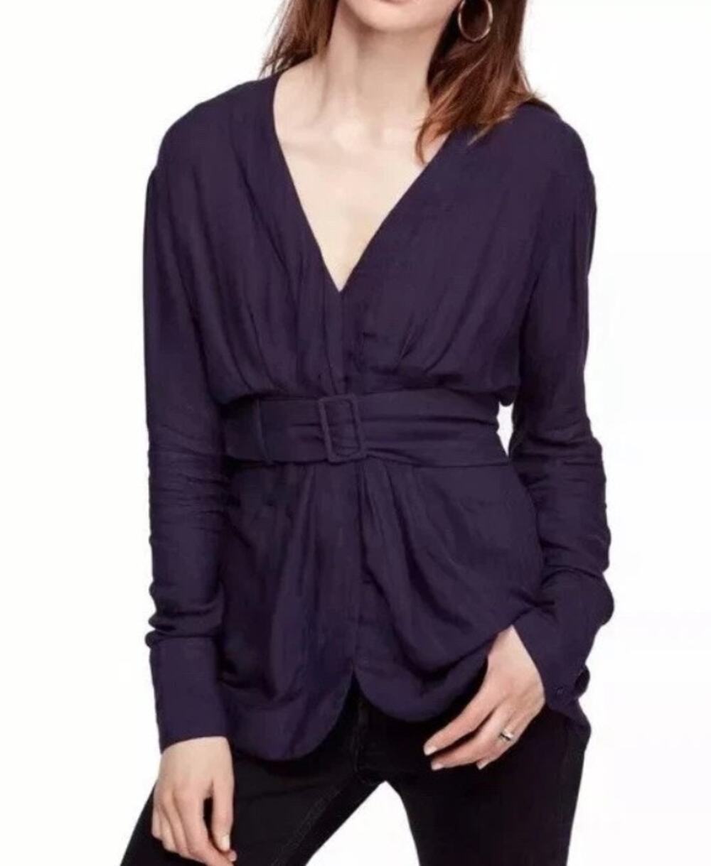 new FREE PEOPLE Back in the Spotlight dark purple belted lightweight blouse top